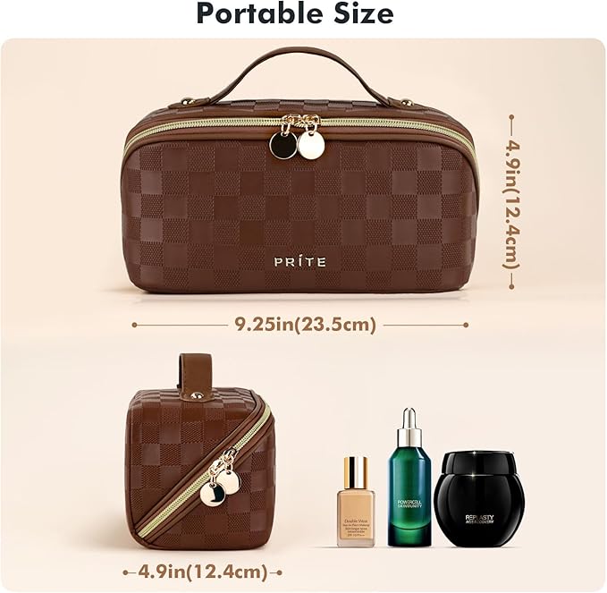 Prite Makeup Bag for Women Travel Waterproof Vegan Leather Cosmetic Bag Open Flat Toiletry Bag With Clear Divider and Handle (Plaid Brown, Medium)