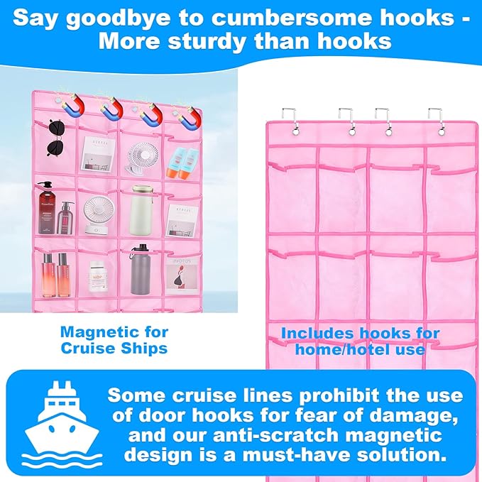 CTTZCKJ Over The Door Organizer For Cruise Ships|Magnetic Door Organizers with 24-Pocket for Cruise Ship|55"x21"|Cruise Over the Door Organizer,Magnetic Shoe Rack for Cruise,Behind-Door Storage