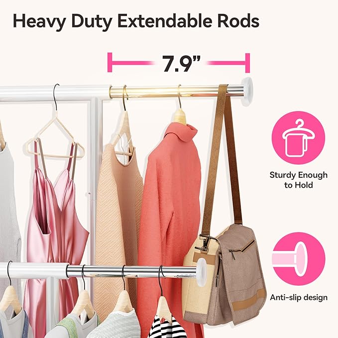 80" Tall Clothing Rack for Hanging Clothes 400 Lbs, Double Rod Rolling Clothes Rack with Lockable Wheels, Portable Garment Coat Rack for Bedroom Laundry Living Room, White