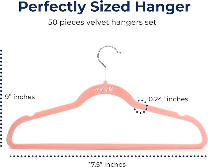 SereneLife 50 Pieces Velvet Hangers - Space Saving Heavy Duty Slim Suit Clothes Hanger Set with 360 Degree Swivel Metal Hook, Can Hold Up to 10 Lbs. for Coats, Jackets, Pants & Dress (Pink)