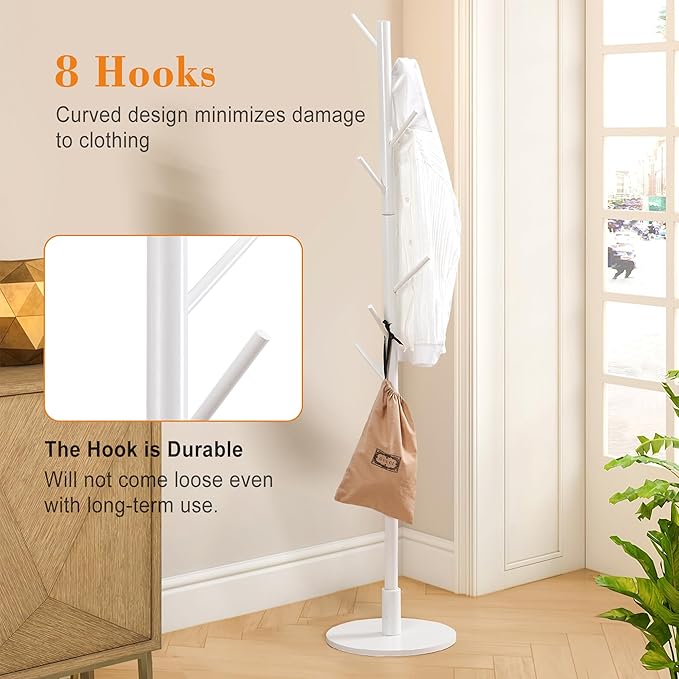 VECELO Coat Rack Freestanding, Entryway Hanger Stand, Umbrella Holder, Hall Tree With Hooks, Floor Standing Metal Tree Stand,White
