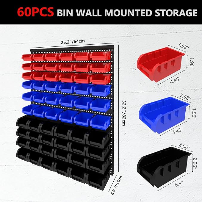 60Pcs Plastic Wall Mounted Storage Bins Parts Rack Nuts And Bolt Bins Organizer For Shop Garage for Screws, Nuts, Bolts, Nails, Beads, and Small Hardware Parts(RED+BLUE+BLACK, 60)