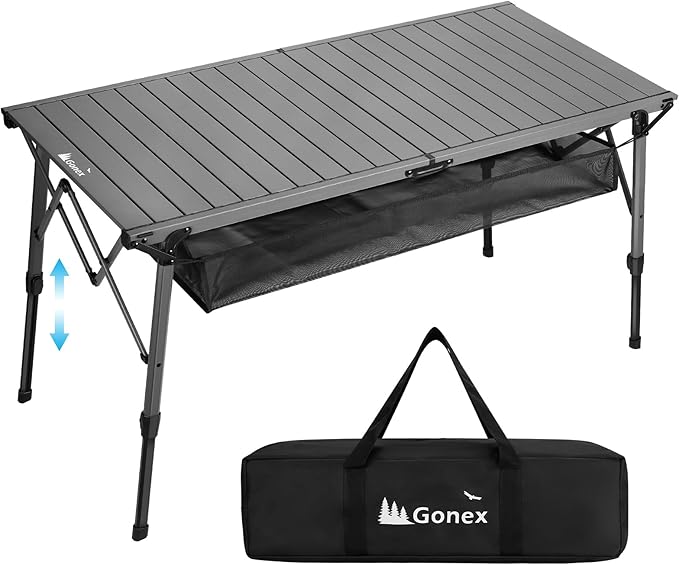 Gonex 50" Camping Table with Adjustable Height Legs for Uneven Ground, Portable Folding Aluminum Roll Up Table with Mesh Pocket for Camping, Picnic, BBQ, Cooking, Beach