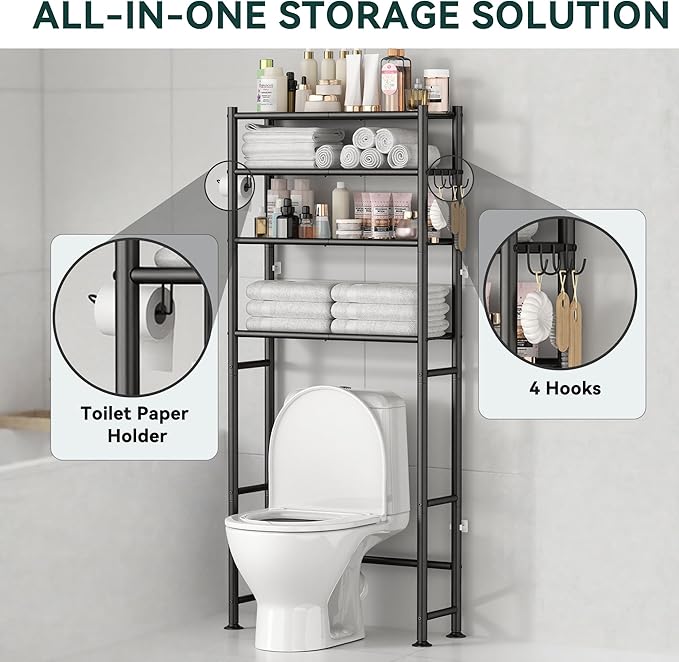 GloTika 4-Tier Over The Toilet Storage, 200lb Total Capacity Metal Bathroom Organizer with 36" Clearance, Includes Paper Holder & 4 Hooks, Space Saving Rack for Bathroom Laundry Room (64" H, Black)