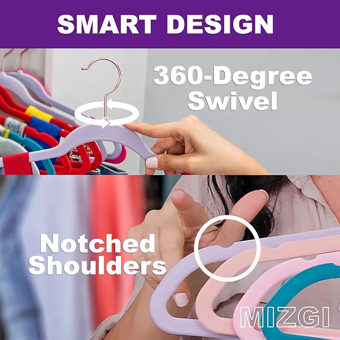 MIZGI Premium Velvet Hangers (50 Pack) Heavy Duty Non Slip Felt Hangers Gray,Rose Gold 360 Degree Swivel Hooks,Space Saving Clothes Hangers,Durable Strong Hangers for Suits,Coats,Pants & Dress