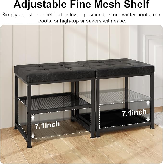 DreamDashio Set of 2 Small Shoe Storage Benches with PU Leather Cushion, 3-Tier Shoe Rack Organizer for Entryway, Metal Mesh Shelves, Holds Up to 300 lbs, Black (31.5"x11.4"x17.5")