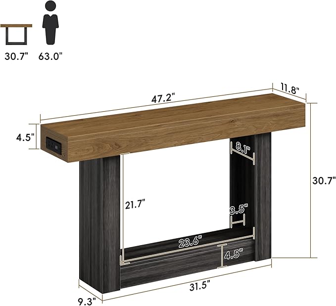 LIFECHOVY 47.2" Farmhouse Wood Entryway Table with Outlet, 2-Tier Console Table with Sensor Light Behind the Couch Sofa, Entrance Side Table for Hallway/Living Room/Foyer, Natural Oak&Grey