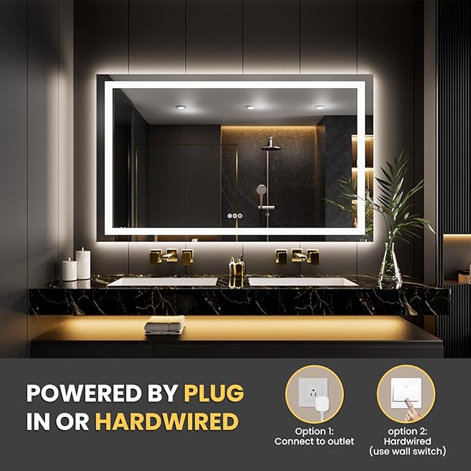 LOAAO 60"x32" LED Bathroom Mirror with Lights, Anti-Fog, Dimmable, Backlit + Front Lit, Lighted Bathroom Vanity Mirror for Wall, Memory Function