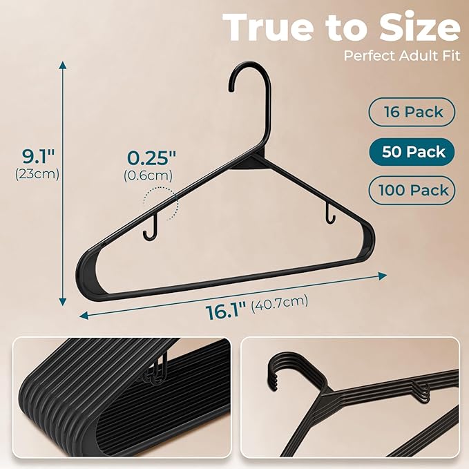 HOUSE DAY Black Plastic Hangers 50 Pack, Plastic Clothes Hangers with Built-in Hooks, Durable and Strong Plastic Coat Hangers for Closet, Space Saving Clothing Hanger for Shirts, Coats, Skirt, Dress