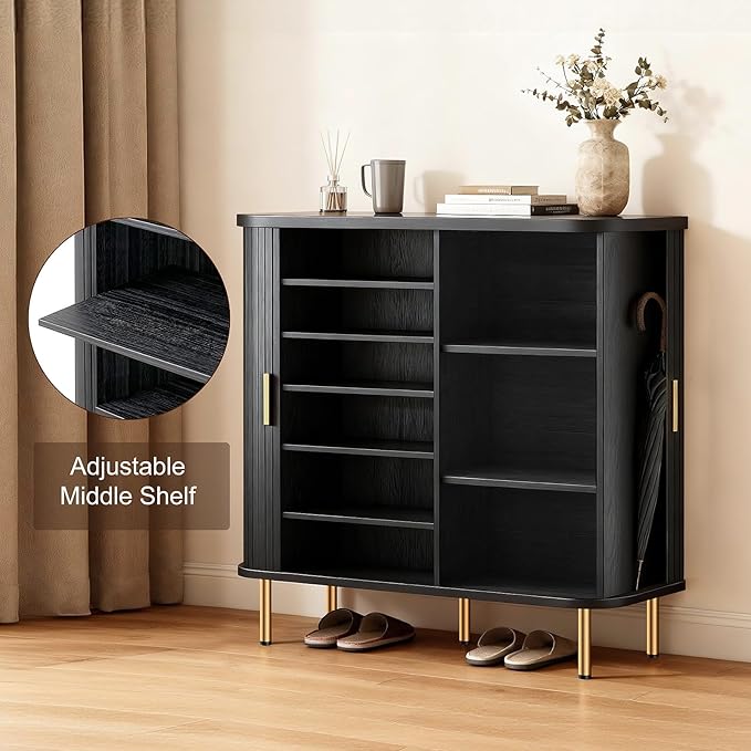 DHH Shoe Storage Cabinet with Sliding Door, 6-Tier Shoe Cabinet with Adjustable Shelves, Mid Century Modern Freestanding Shoe Storage Organizer for Entryway, Hallway, Living Room (Black, 47 ")
