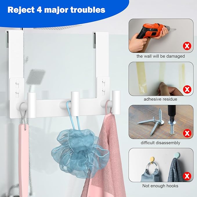 PMMASTO No-Drill Extra Long Shower Hooks, Fits 3/8" Thick Door, Heavy Duty Stainless Steel Towel Hooks for Frameless Glass Shower Door, Holds Bathrobe Towel (White, 3 T-Hooks)