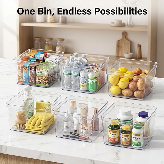 MOONEDGE 8-Pack Clear Cube Storage Bins, 10x10 Open-Top Plastic Organizer Boxes, Square PET Containers for Closet,Pantry,Kitchen,Fridge,Playroom,Bathroom,Undersink and Whole Home Organization