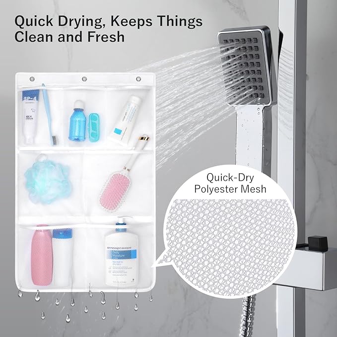 F-color Cruise Essentials 2026 - Mesh Shower Organizer Hanging with 7 Pockets for RV Gym Camping, Quick-Dry Portable Toiletry Bag with Metal Hooks for Bathroom Travel Toiletries，White+White