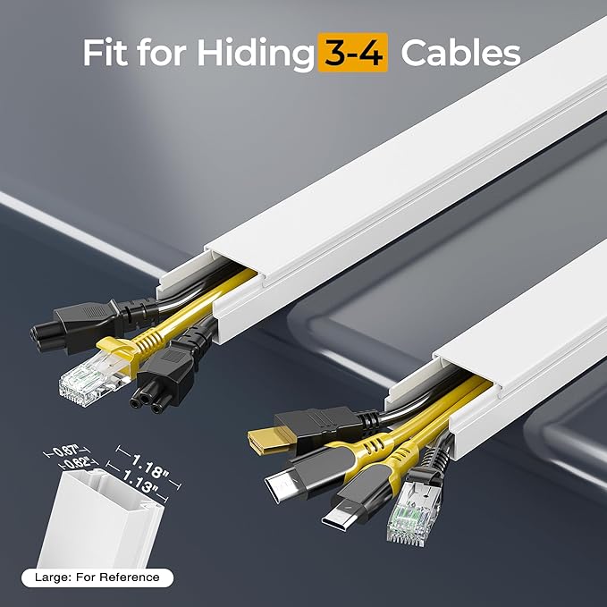 56.7in Cable Hider Cord Hider, Wire Covers for 3-4 Cords on Wall, Premium Cord Covers for Wires on Wall, Easy Set-up Wire Hider to Hide Tv Wires, Lamp, Speaker Cords, W1.18 H0.6in, White