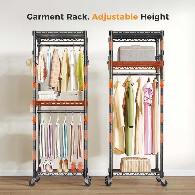 OLIXIS Clothes Rack Heavy Duty Adjustable Garment Clothing Rack with Wheels, Rolling Metal Freestanding Closet Organizer for Hanging Clothes with 2 Side Hooks, Double Rods, 23" x 15" x 75", Black