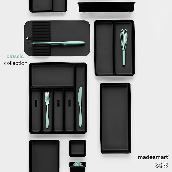 madesmart Large 11-Slot Knife Mat, Soft-Grip Non-Slip Kitchen Drawer Knife Organizer Insert for Medium & Large Knives, Black, 15” x 8”