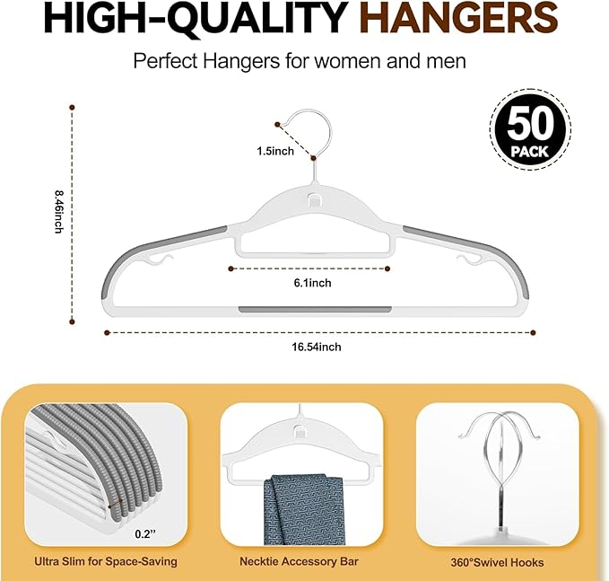 Plastic Hangers 50 Pack, Stackable Slim Space Saving Hangers with Non-Slip Pads, 360° Swivel Hook, Cascading Strip for Vertical Storage, Closet Organizer for Shirt, Suit, Skirt, Coat - Gray