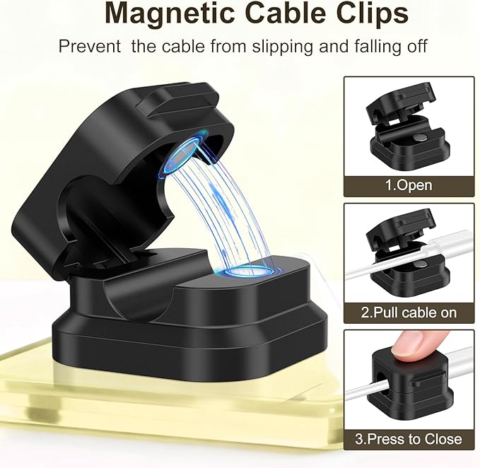 6Pack Magnetic Cable Clips Holder, Cord Organizer for Desk, Strong Adhesive Desk Cable Management for Phone Charger, Computer, Home, Office, Car (Black)