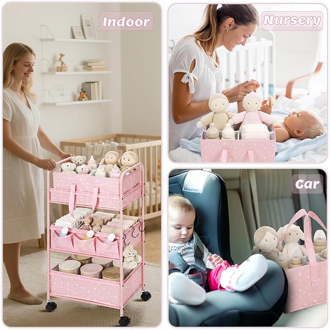Yookeer 2in1 Baby Diaper Caddy Organizer Cart 3 Tier Large Capacity Metal Utility Bedside Rolling Cart with Divider Newborn Registry Gift Nursery Essential Must Have Bedroom Baby Shower(Pink,Star)