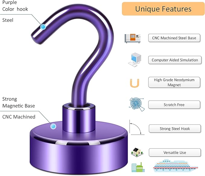 Neosmuk Magnetic Hooks, Heavy Duty 40lb+ Strong Magnet Hook for Cruise Cabins, Cruise Essentials 2026 for Hanging, Metal Wall Refrigerator Hangers (Purple, 10 Pack)