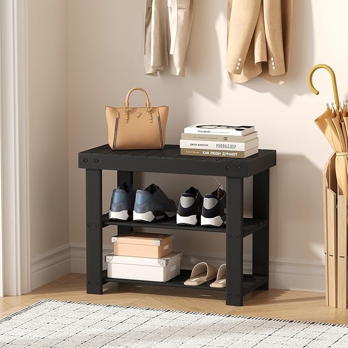 NEWBULIG Shoe Rack Bench, 3-Tier Bamboo Shoe Organizer, Wooden Entryway Storage Bench, 286 lb Load Capacity, 11.2x19.7x17.9 Inches, for Entryway Bathroom Bedroom Balcony, Black