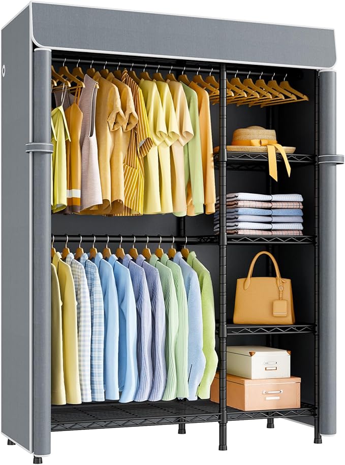 ULIFHOME F2C Clothes Rack with Cover, Clothing Racks for Hanging Clothes, Heavy Duty Garment Rack with Shelves and Hanger Rods, Black Closet with Gray Cover, 47.2" W x 16.5" D x 78.3" H, Load 630lbs