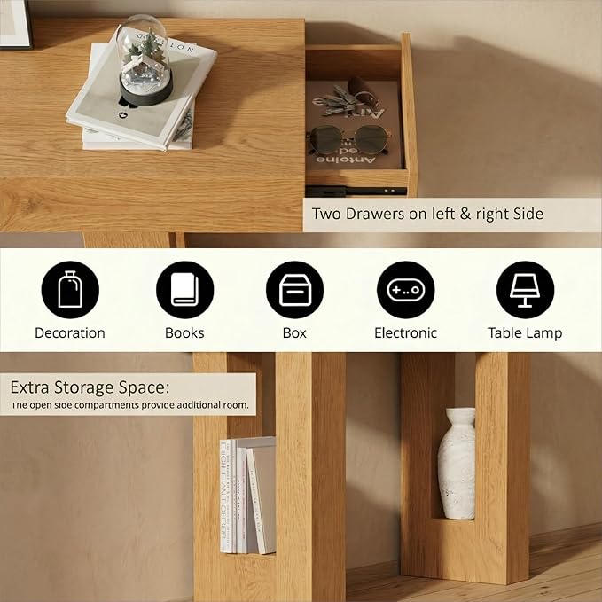 FURSUN 63" Farmhouse Console Table with Drawers, Narrow Sofa Table Behind Couch, Slim Entryway Table with Storage for Hallway, Living Room, Natural Oak