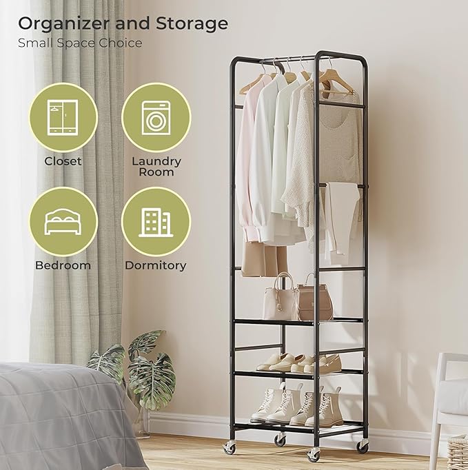 Easi 72" Tall Small Clothes Rack for Small Space, Narrow Rolling Garment Rack with 3-Tier Vinyl Shelves, Lightweight Stable Clothing Rack for Apartment, Bedroom, Laundry Room & Dorm, Black