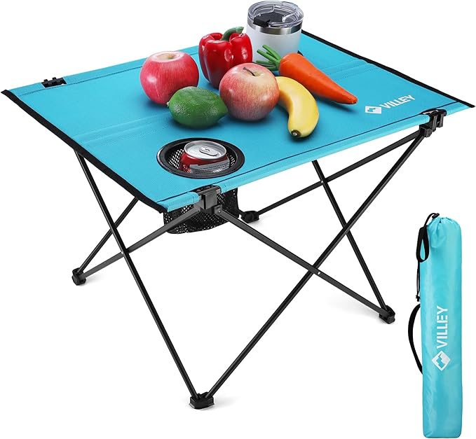 VILLEY Folding Camping Table, Lightweight Portable Beach Table with 2 Cup Holders & Carry Bag for Camping, Beach, Fishing, Travel, and Outdoor Activities(Small)