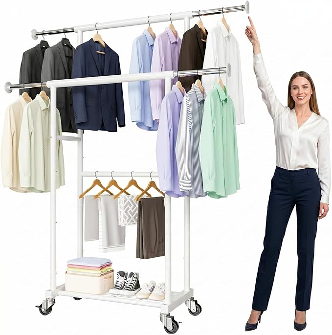 80" Tall Clothing Rack for Hanging Clothes 400 Lbs, Double Rod Rolling Clothes Rack with Lockable Wheels, Portable Garment Coat Rack for Bedroom Laundry Living Room, White