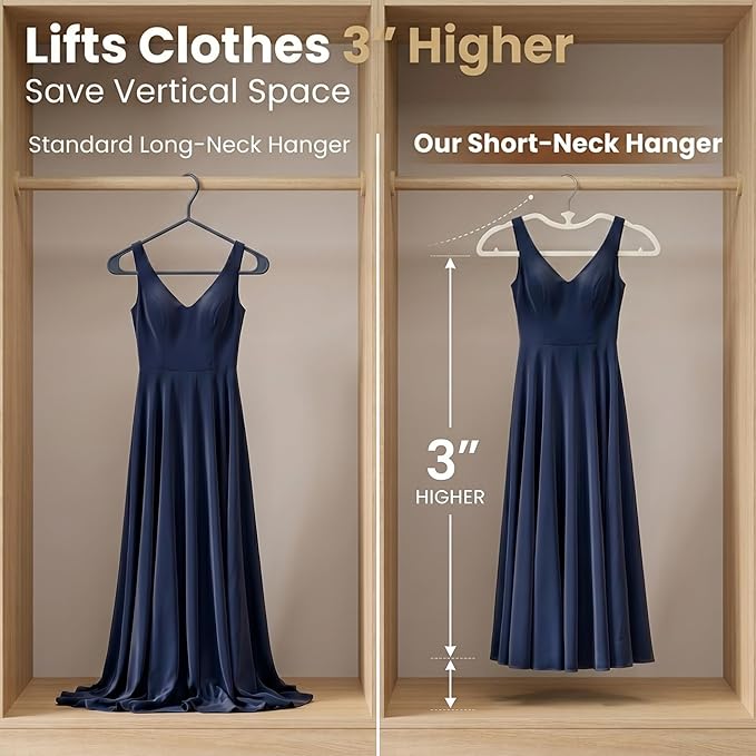 20 Pack Short Neck Hangers - Lifts Clothes 3" Higher to Prevent Dragging, Upgraded Liquid Silicone Non-Slip Hangers, Lint-Free Alternative to Velvet Hangers, Closet Organization, Cream