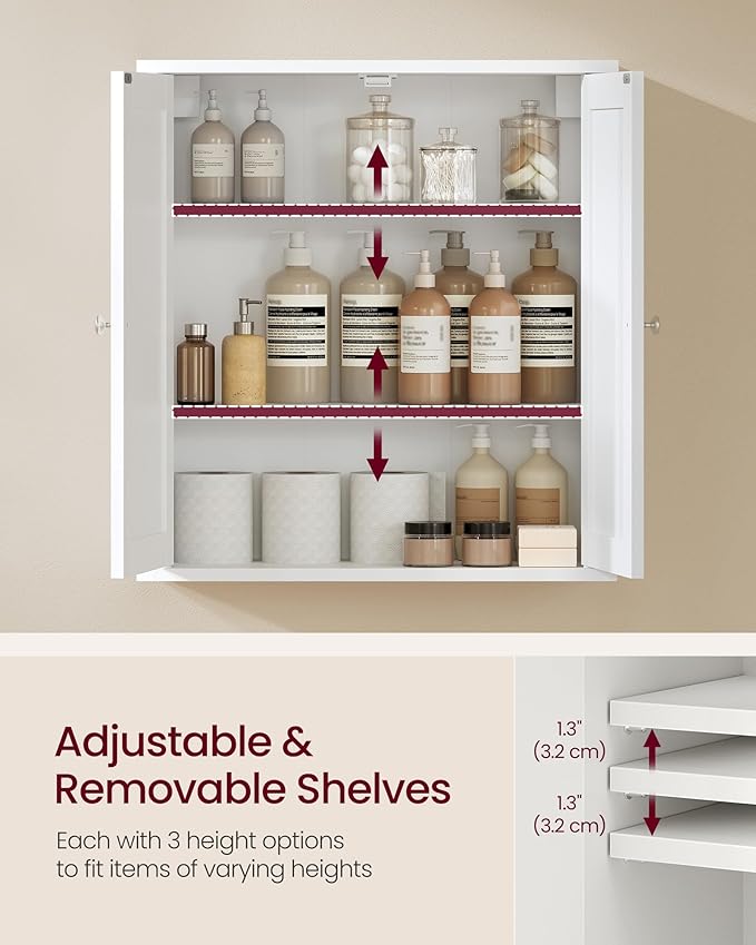 VASAGLE Siren Collection - Bathroom Wall Cabinet, Hanging Bathroom Storage Cabinet, for Medicines, Farmhouse, 2 Adjustable Shelves, 7.9 x 17.7 x 23.6 Inches, Cloud White UBBK320WB01S