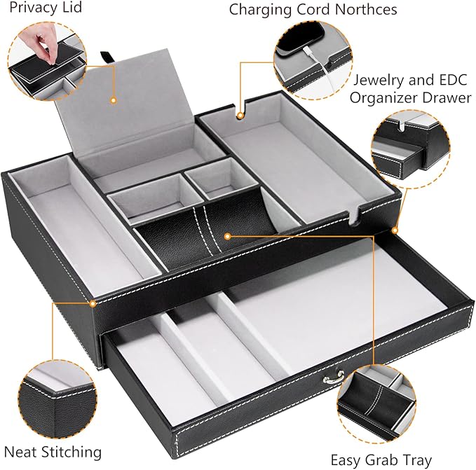 Baoyun Valet Tray for Men, 2 Layers Nightstand Organizers for Men and Women, Leather Jewelry Storage Box, Mens Dresser Top Organizer, Catch All for Jewelry Key Wallet and Phone (Black)