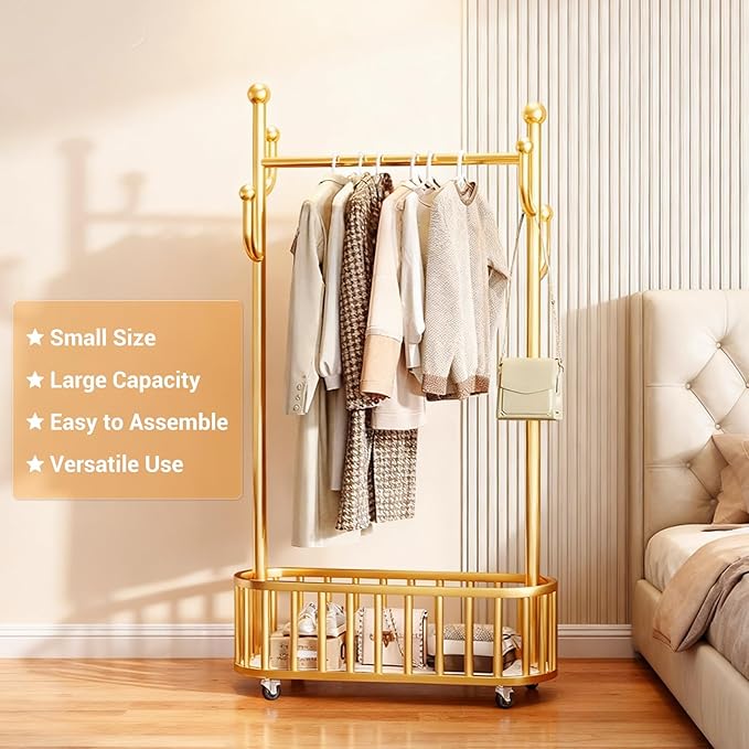 Takywep Rolling Clothing Rack with Wheels and Basket Storage – Metal Moveable Garment Rack, Heavy-Duty Coat Rack for Hanging Clothes, Bedroom, Boutique, Laundry Room