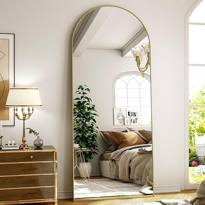 Arched Full Length Mirror 64"x21", Floor Standing Body Mirror with Aluminum Frame,Leaning Hanging for Bedroom Cloakroom Living Room Gold