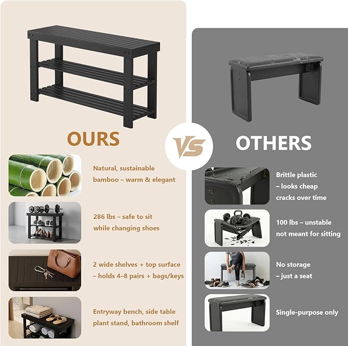 NEWBULIG Shoe Rack Bench, 3-Tier Bamboo Shoe Organizer, Wooden Entryway Storage Bench, 286 lb Load Capacity, 11.2x35.5x17.9 Inches, for Entryway Bathroom Bedroom Balcony, Black