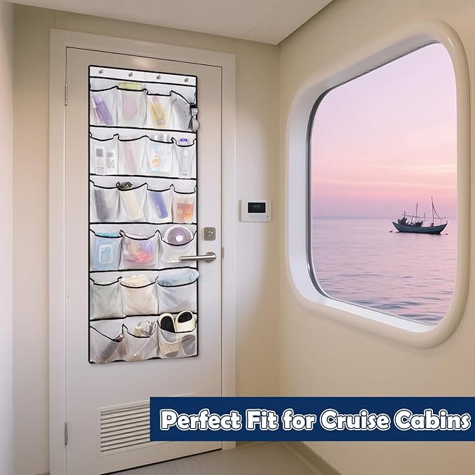 Over The Door Cruise Ship Organizer - Cruise Ship Magnetic Door Organizer with 21 Size-Graded Pockets, Hanging Magnetic Cruise Storage Shoe Rack for Cabin, 2026 Cruise Essential, 12 Hooks(White)