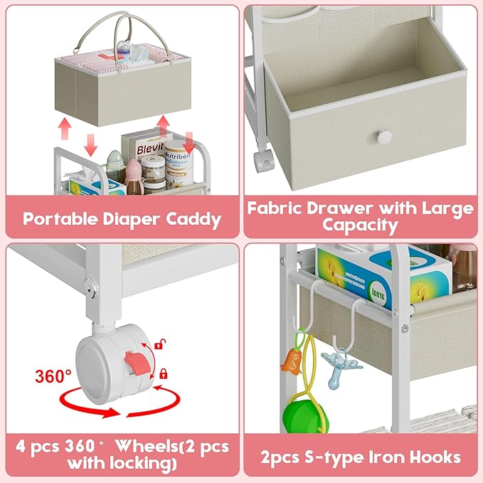 Cidaziya 2In1 Baby Diaper Caddy Organizer and Storage, 3 Tier Rolling Cart with Drawer, Detachable Dividers, Mobile Utility Cart Baby Dresser Clothes Organizer for Baby Essentials, Bedroom, Nursery
