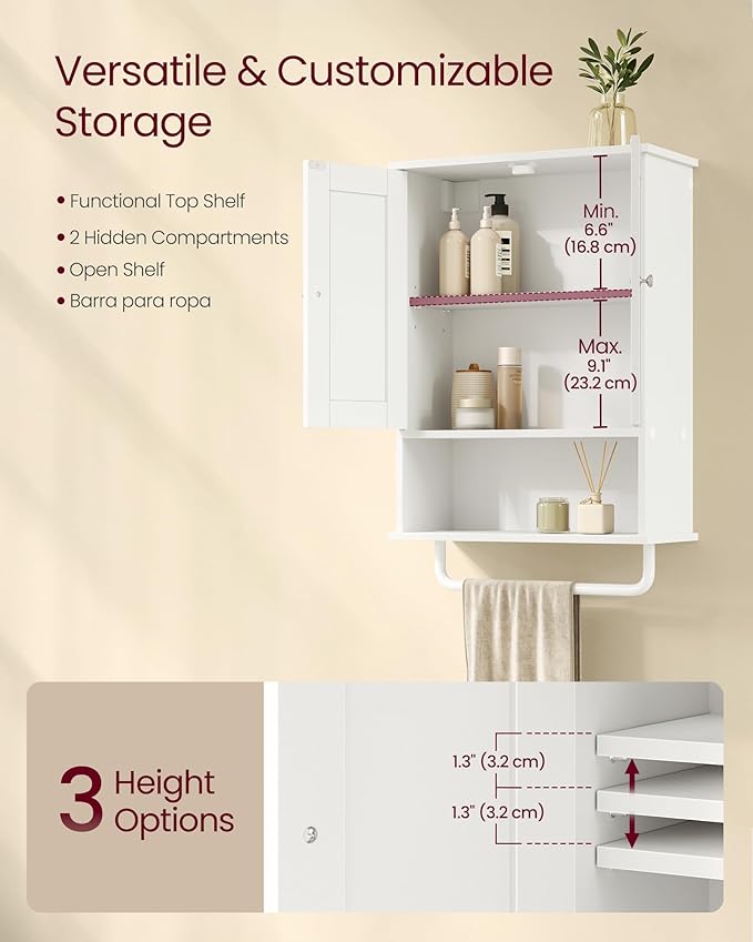 VASAGLE Siren Collection - Hanging Bathroom Cabinet with Towel Rod, Farmhouse Wall Storage Cabinet, with Adjustable Shelf, and Doors, 7.9 x 17.7 x 23.6 Inches, Cloud White UBBK148WB01S