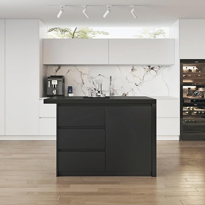 homary Kitchen Island with Storage & Wine Rack, 50" Modern Black Kitchen Cabinet with Wood Top, Large Fixed Island with 3 Drawers & 6 Adjustable Shelves