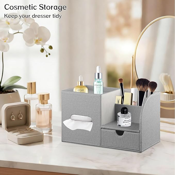 Square Tissue Box Cover with Drawer Storage and Tray on Top, PU Leather Tissues Cube Boxes Holder, Modern Nightstand Organizer Caddy, Remote Control Holder for Bathroom, Bedside, Office, Home