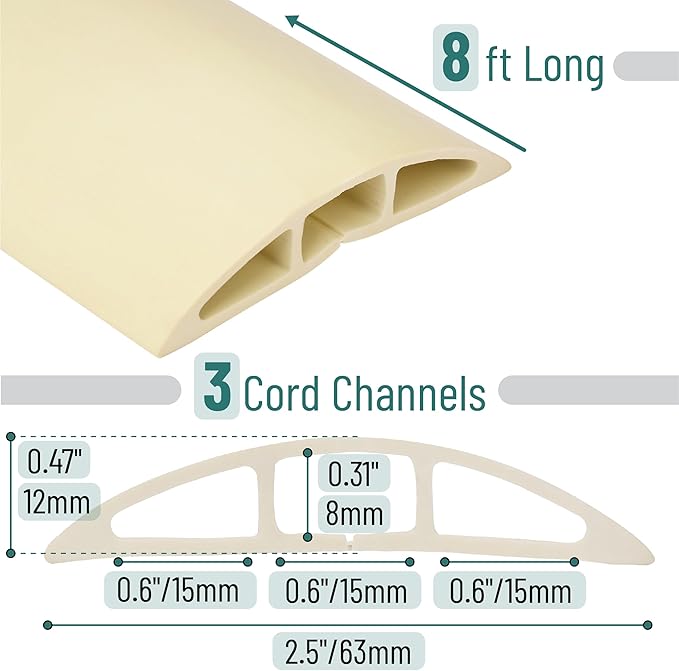Bates- Floor Cord Cover, 8ft, Cable Cavity 0.6" (W) x 0.31" (H), Heavy Duty Wire Protector, PVC Extension Cords Hider, Protect Cords, Prevent Cable Trips, Cord Hider for Office, Home, Outdoor