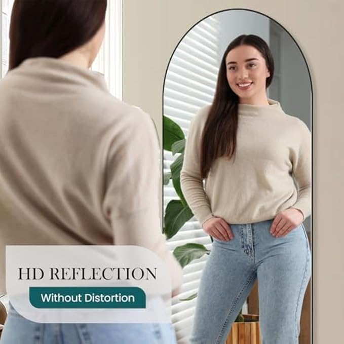 NEWBULIG 64"x21" Arched Full Length Mirror, Full Body Floor Mirror with Aluminum Alloy Thin Frame, Wall or Standing Mirror for Bedroom, Living Room, Dressing Room, Black-Arched
