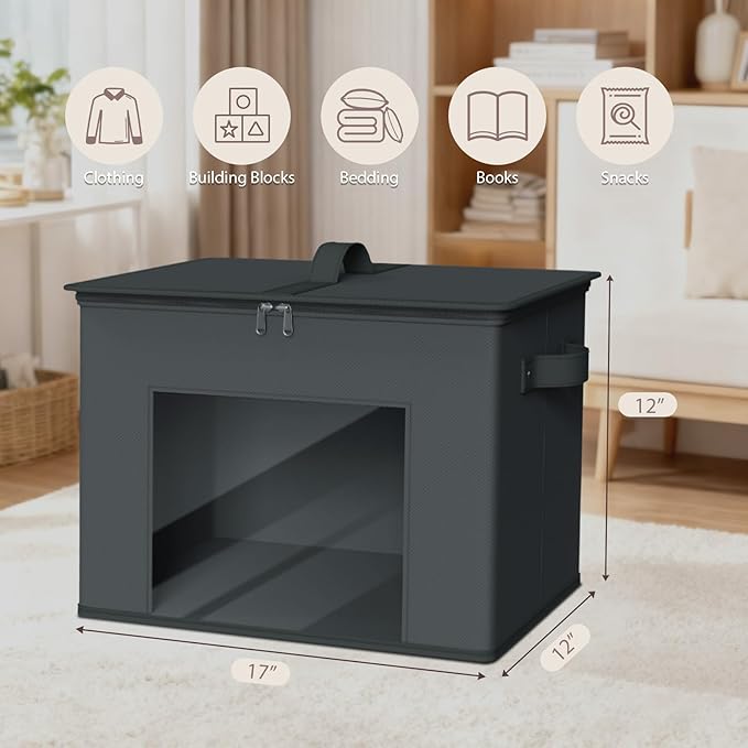 Zilink Fabric Organizer Bins with Lids 4-Pack Collapsible Stackable Storage Bins with Zipper & Clear Window Closet Organizer Storage Bins for Home, Office, Bedroom (Dark Grey,17" x 12" x 12")