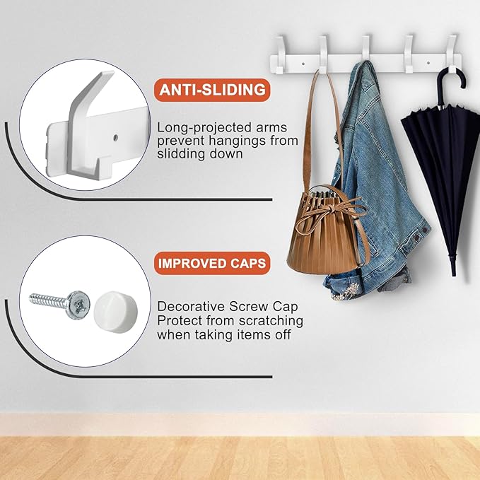 Coat Rack Wall Mounted,5 Coat Hooks for Hanging Coats,Heavy Duty Metal Double Hook Rack Hook Rail,Coat Rack with Hooks,Wall Mount Coat Hanger for Hat Towel Purse Robes,2Pack (White, 5 Hooks)