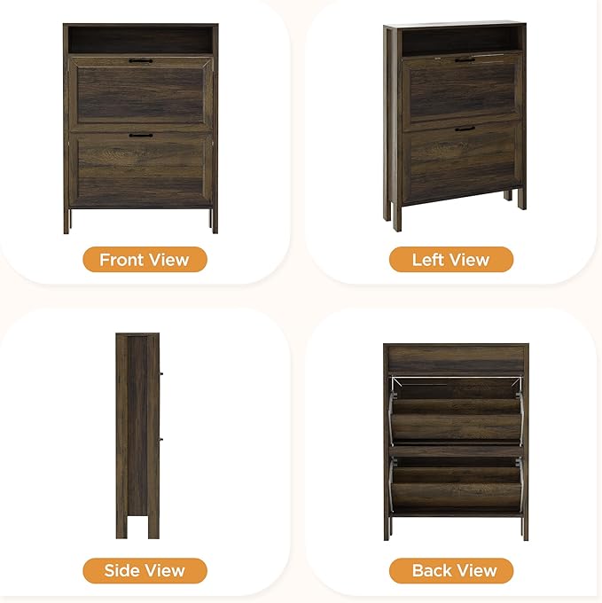LOUVIXA Shoe Cabinet with 2 Flip Drawers, Narrow Shoe Storage Cabinet, Freestanding Shoe Cabinet Organizer, Hidden Shoe Rack Cabinet for Entryway, Hallway (2-Drawers, Brown/2-drawers)