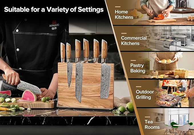 XINZUO Double Sided Magnetic Knife Holder Rack For Kitchen Counter - Natural Olive Wood Stand,Modern Knife Block & Storage - Magnetic Storage(12.6 X 4 X 9.3Inches)