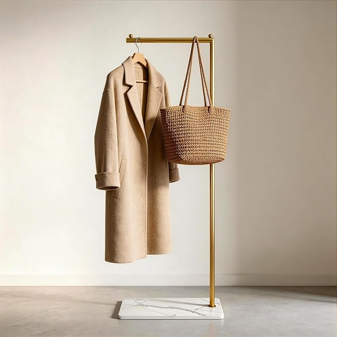 Gold Clothing Rack with Marble Base,Freestanding Garment Rack for Hanging Clothes,Modern Coat Rack, Minimalist Clothes Rack for Small Spaces,Bedroom,Entryway,Boutique Display (Gold)