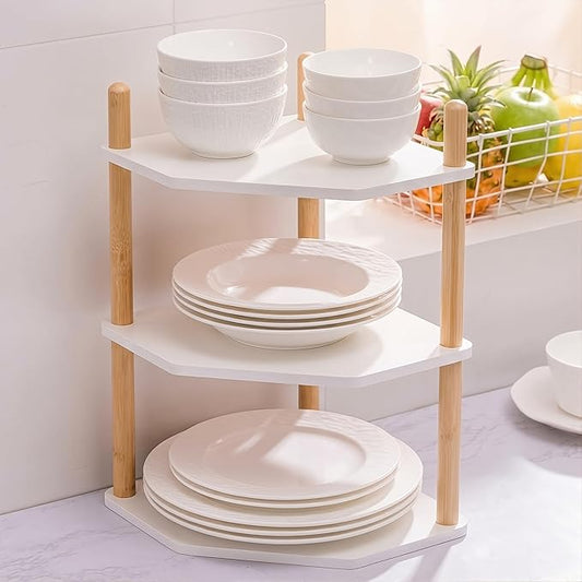 3-Tier Expandable Bamboo Corner Shelf - Dish/Plate Organizer for Cabinet, Kitchen Counter Shelf & Small Kitchen Shelf, Adjustable (White, 1-Pc 6.70" H)