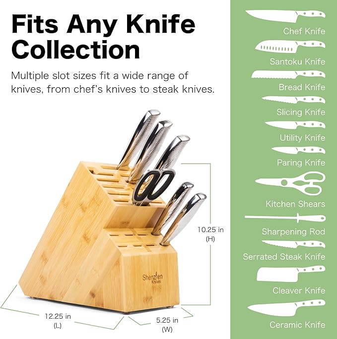 Shenzhen Knives 20 Slot Universal Knife Block: X-Large Bamboo Finish Wood Knife Block without Knives Countertop Butcher Block Knife Holder and Organizer with Wide Slots for Easy Kitchen Knife Storage